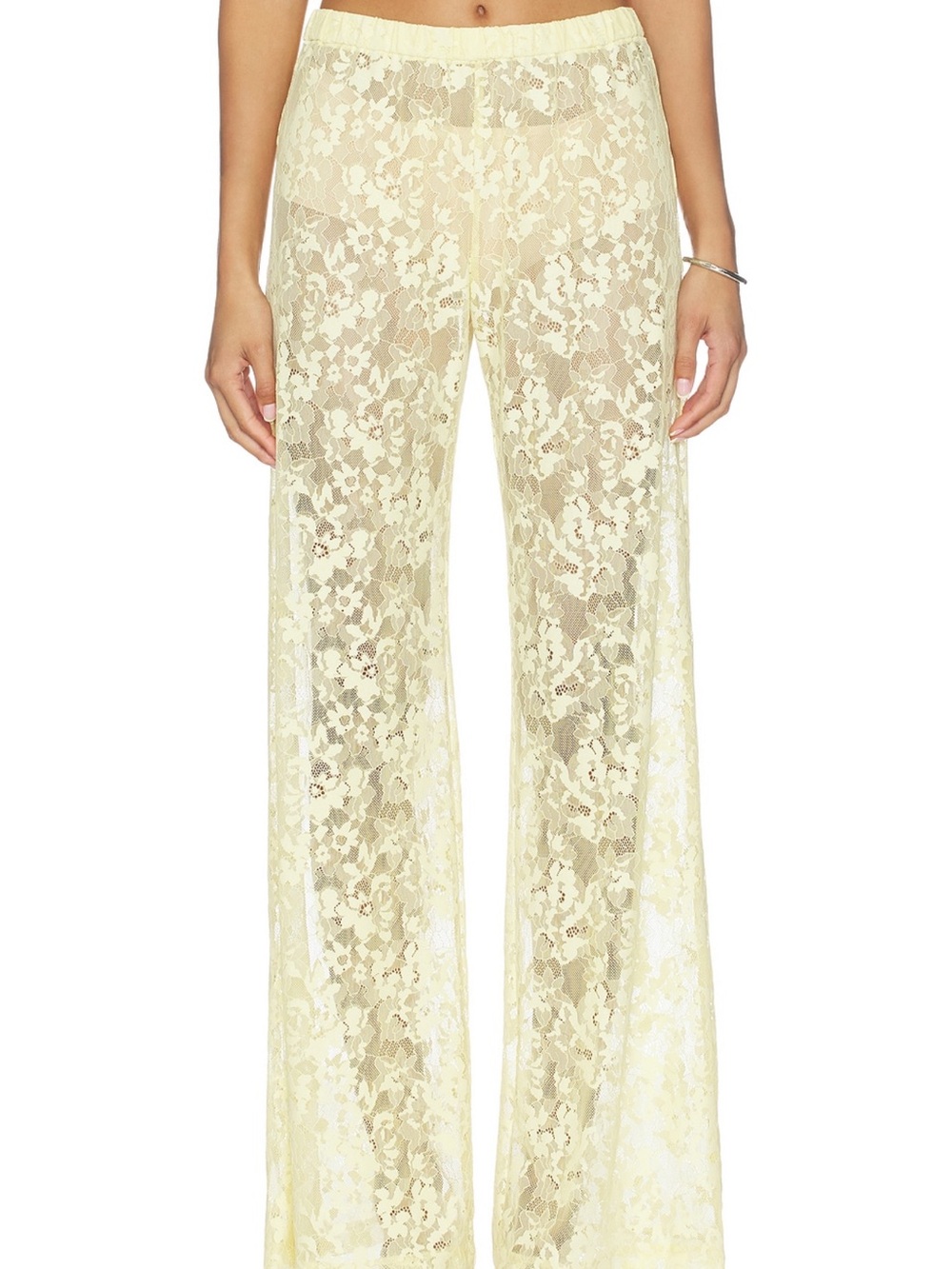 Amanda Uprichard Pale Yellow Sheer Lace Wide-Leg Pants